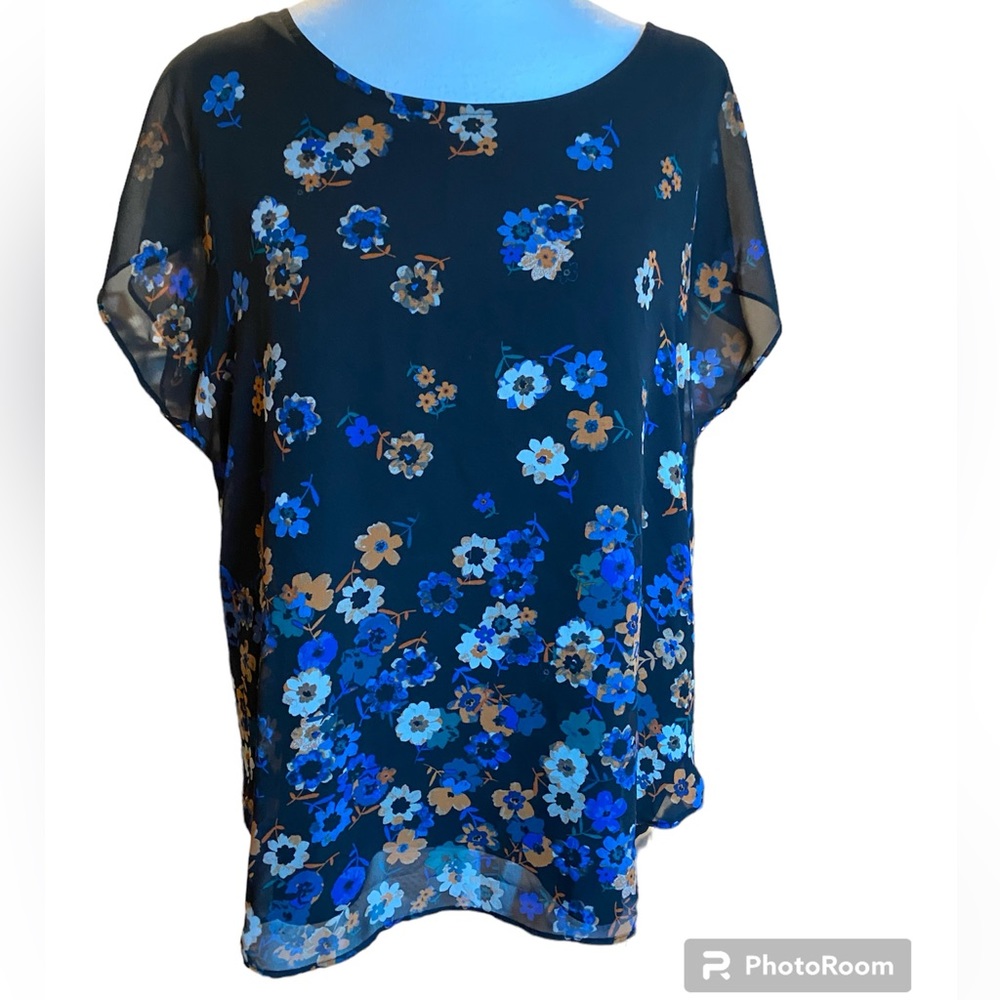 Calvin Klein Navy Floral Blouse Top Lined sheer sleeves Size M